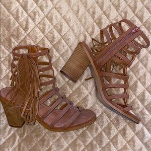 Brown Fringe Gladiator Sandal with Heel